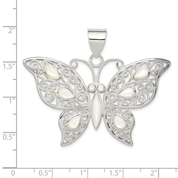 Sterling Silver Filigree Fancy Mother of Pearl Butterfly Necklace Charm Pendant - Picture 3 of 4
